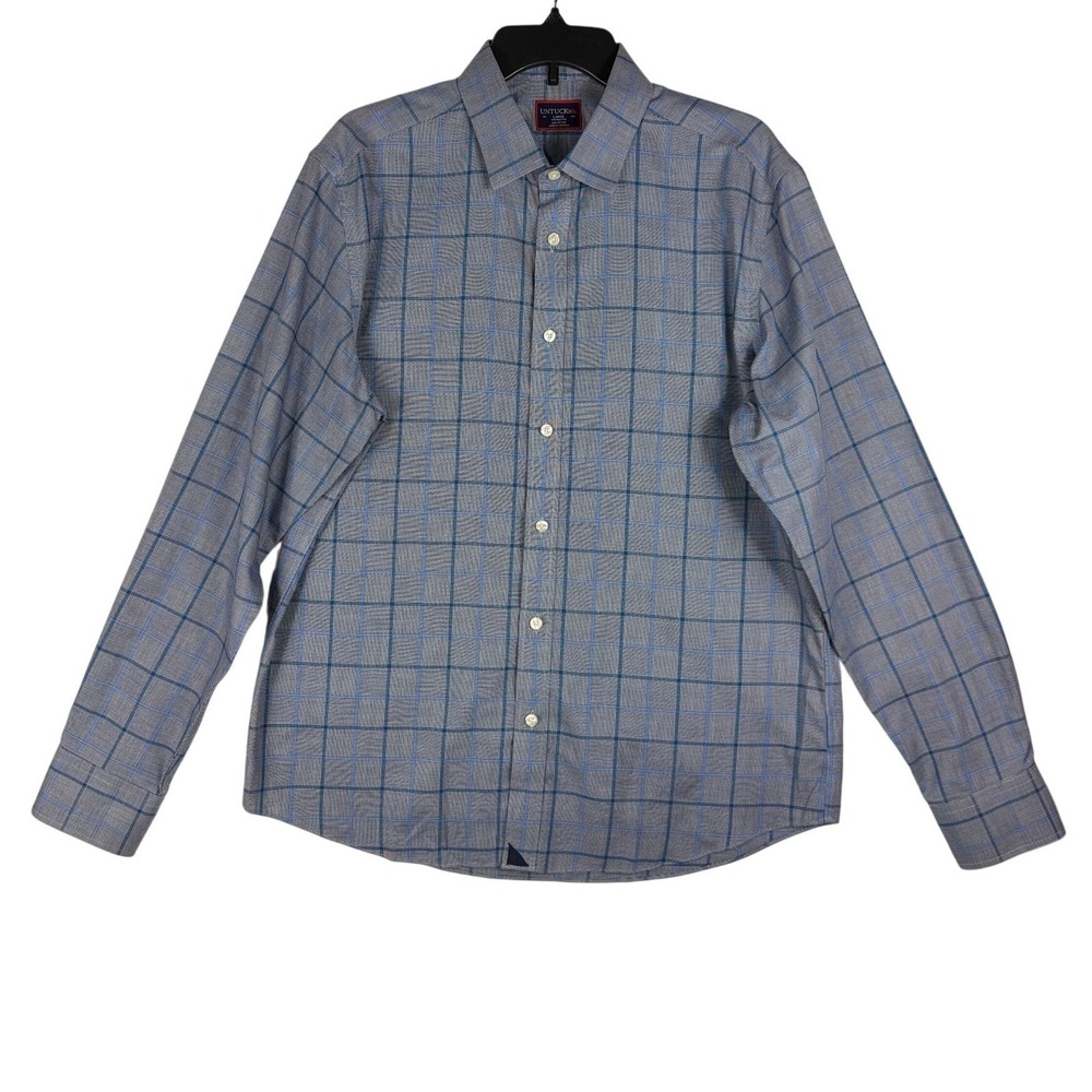 UNTUCKit Mens Large Wrinkle Free Blue Gray Plaid Long Sleeve Button Down Shirt